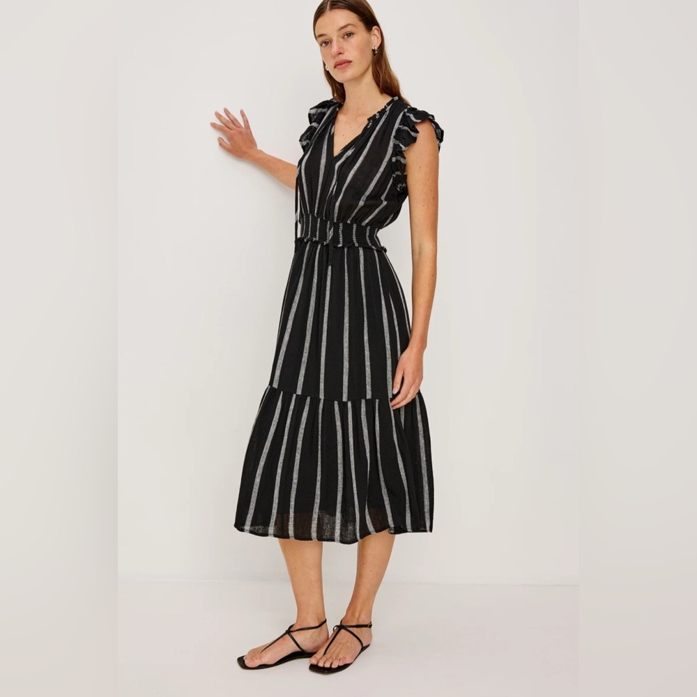 Rails Garden Dress Ash Leno Stripe Black Gray Linen Midi‎ Dress Women's XL EUC